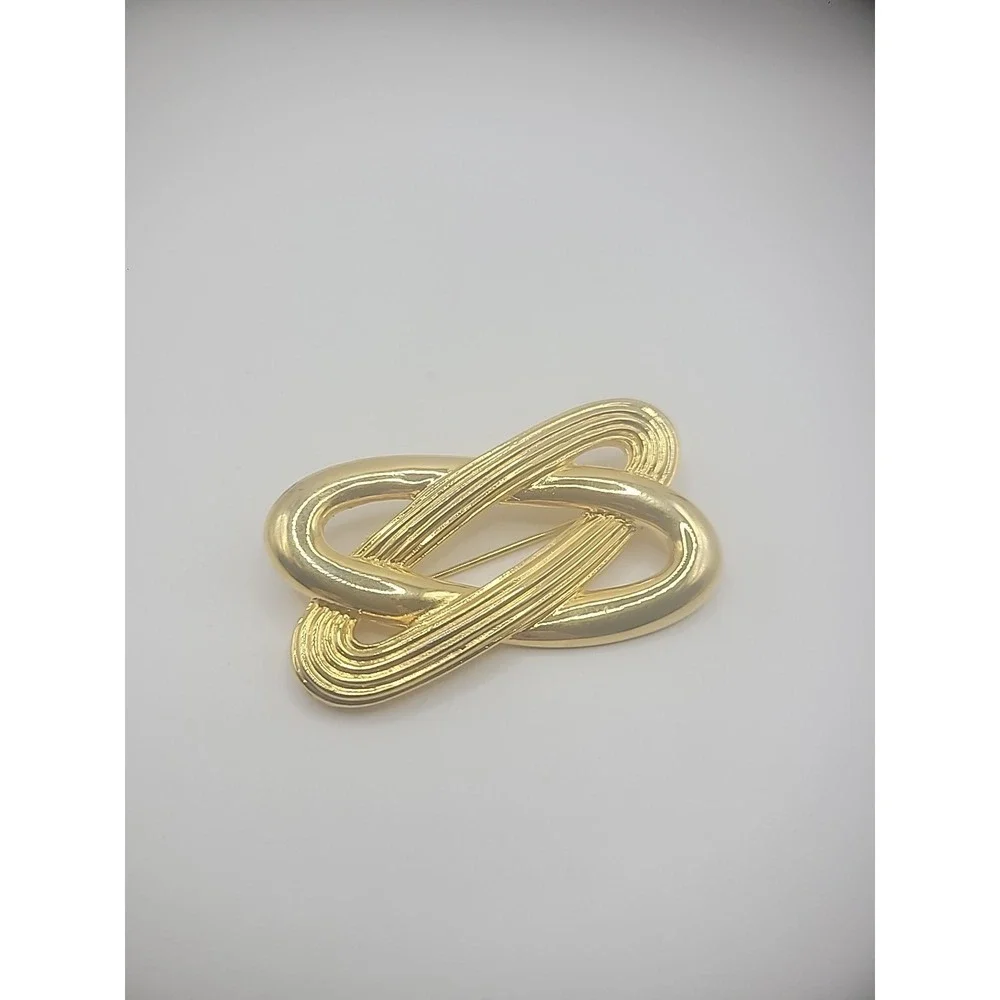 Vintage Gold Tone Brooch Pin Double Chain Smooth Ribbed Jewelry Costume